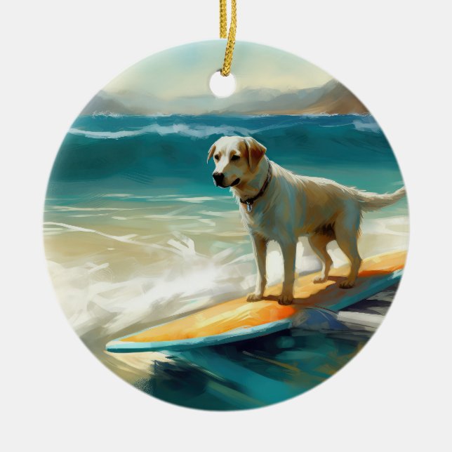 Anatolian Shepherd Beach Surfing Painting  Ceramic Tree Decoration (Front)