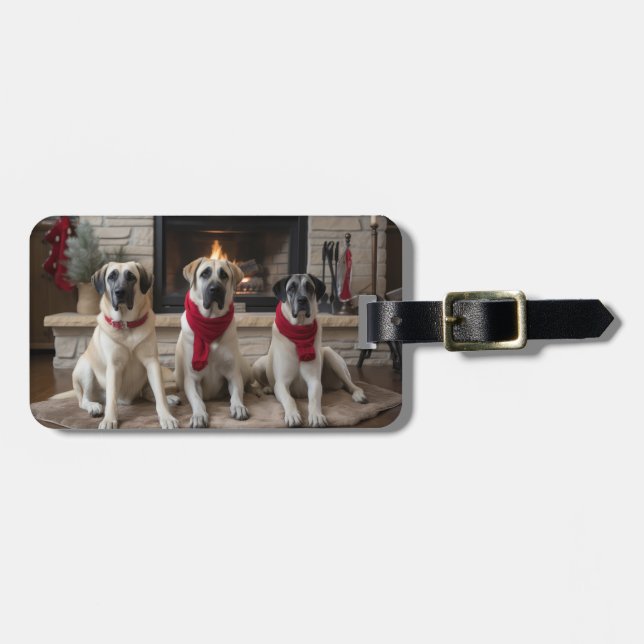 Anatolian Shepherd  by the Fireplace Christmas Luggage Tag (Front Horizontal)