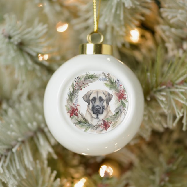 Anatolian Shepherd Christmas Wreath Festive Pup Ceramic Ball Christmas Ornament (Tree)