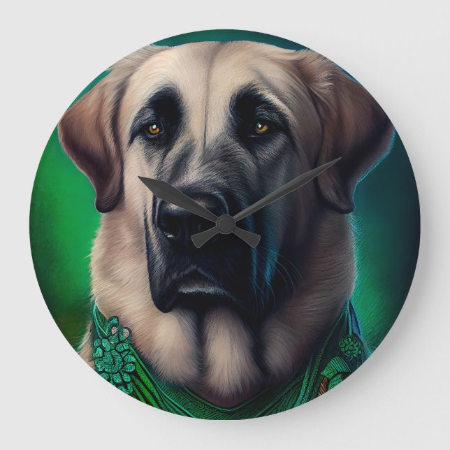 Anatolian Shepherd dog in St. Patrick's Day Dress Large Clock (Front)