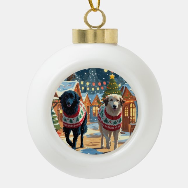 Anatolian Shepherd Dogs Christmas Snow Holiday Ceramic Ball Christmas Ornament (Front)