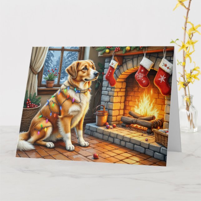 Anatolian Shepherd Fireplace with Christmas Lights Card (Yellow Flower)