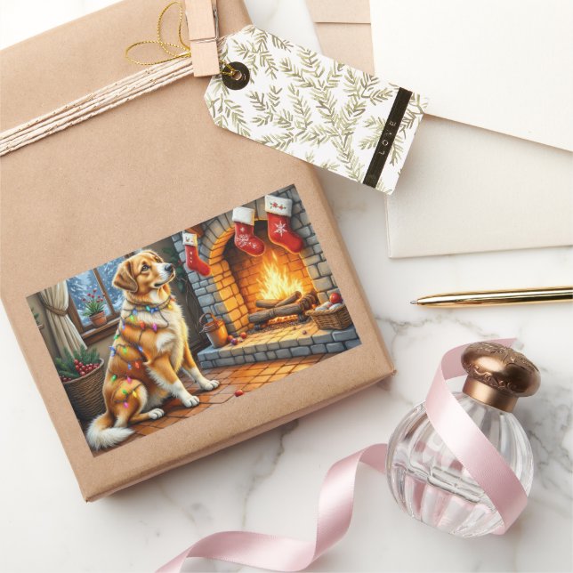 Anatolian Shepherd Fireplace with Christmas Lights Rectangular Sticker (Gifting)