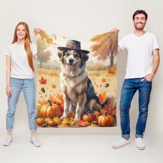 Anatolian Shepherd in Autumn Leaves Thanksgiving  Fleece Blanket (In Situ)