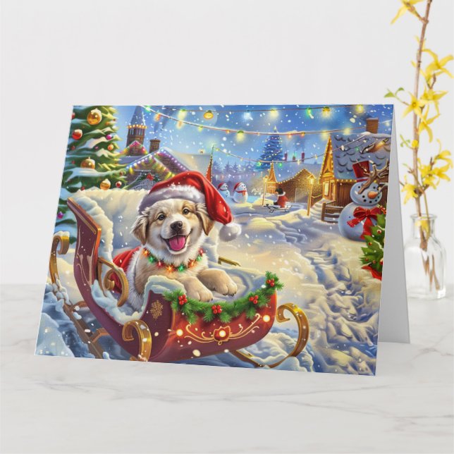 Anatolian Shepherd in Sleigh Snow Christmas Card (Yellow Flower)