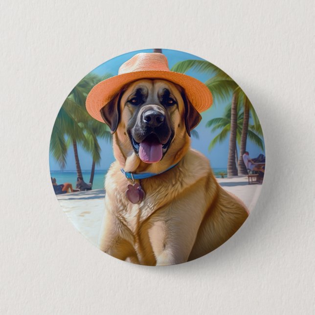 Anatolian Shepherd on Beach, dog lover summer gift 6 Cm Round Badge (Front)