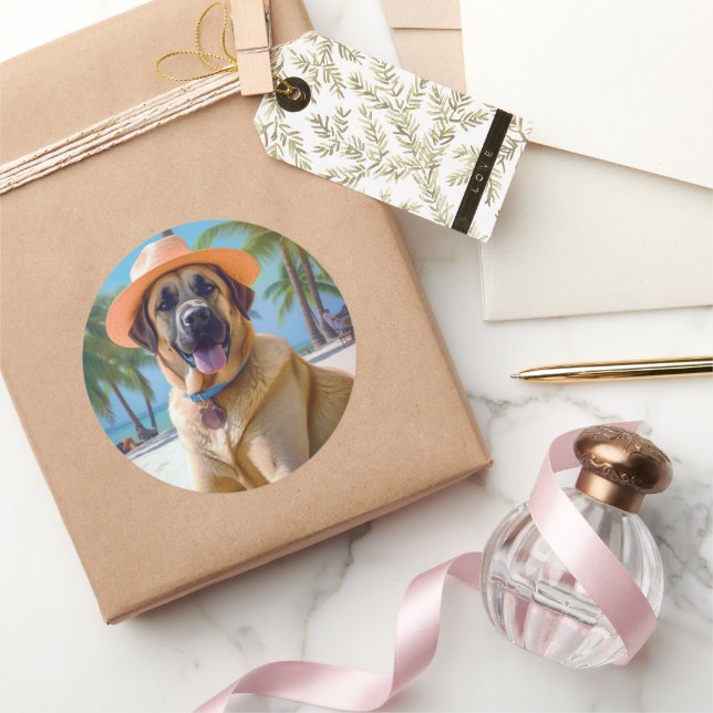 Anatolian Shepherd on Beach, dog lover summer gift Classic Round Sticker (Gifting)