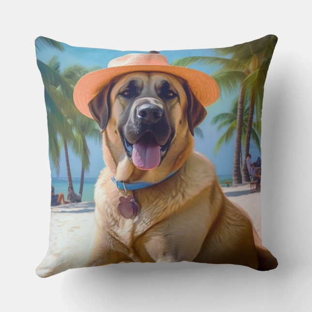 Anatolian Shepherd on Beach, dog lover summer gift Cushion (Back)