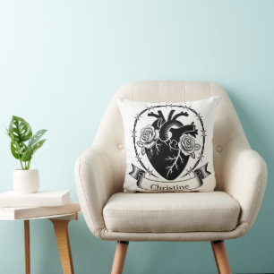Anatomical Heart Tattoo: Black and White Design Cushion