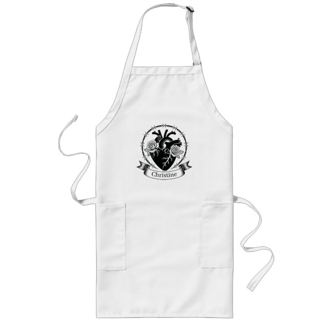 Anatomical Heart Tattoo: Black and White Design  Long Apron (Front)