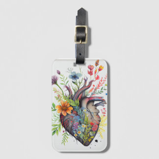 Anatomical heart & watercolor flowers love card   luggage tag