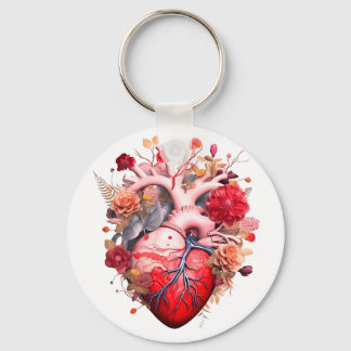 Anatomical heart with flowers key ring