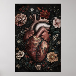 Anatomical Heart With Flowers Print, Vintage Poster