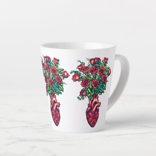 Anatomical Heart with Roses, Heart Warrior Latte Mug (Right Angle)