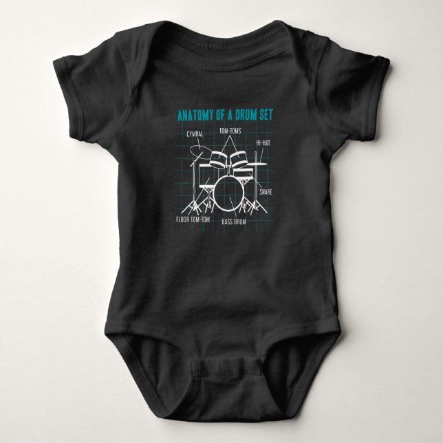 Anatomy Of A Drum Set  Drummer Musician Drumsticks Baby Bodysuit (Front)