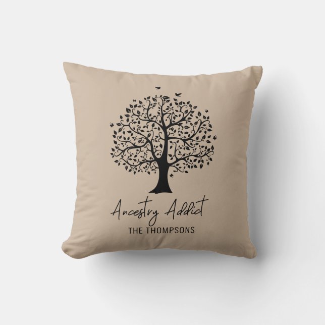 Ancestry Addict Family Tree with Name Throw Pillow (Front)