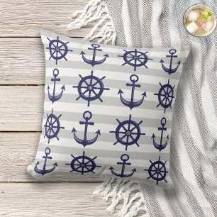Anchor and Boat Helm Wheel Grey Stripe Nautical Cushion