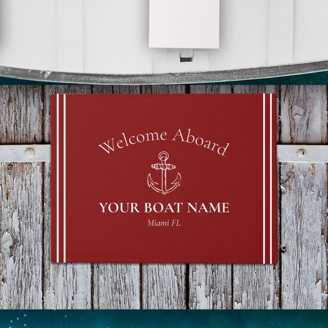 Anchor and Boat Name Burgundy Red Nautical Doormat (Burgundy Welcome Aboard Door Mat for Home or Boat Personalized with Your Boat Name and Home Port)