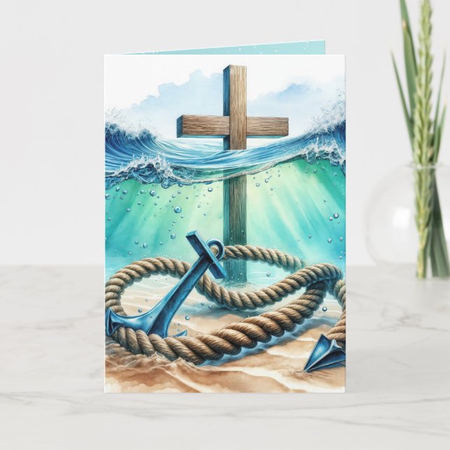 Anchor and Cross In Ocean Waves Thinking of You Card (Front)