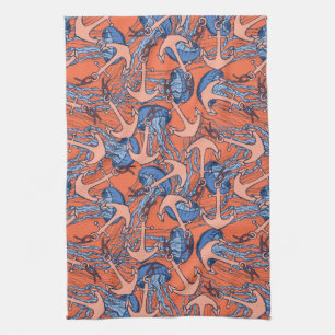 Anchor And Jellyfish Pattern Tea Towel