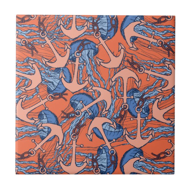 Anchor And Jellyfish Pattern Tile (Front)