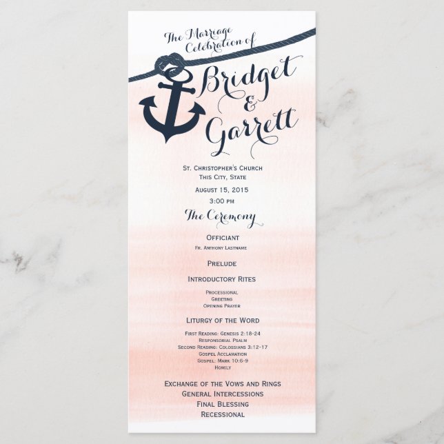 Anchor and Rope Blush Navy Wedding Program Programme (Front)