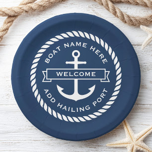 Anchor and rope boat name hailing port welcome paper plate