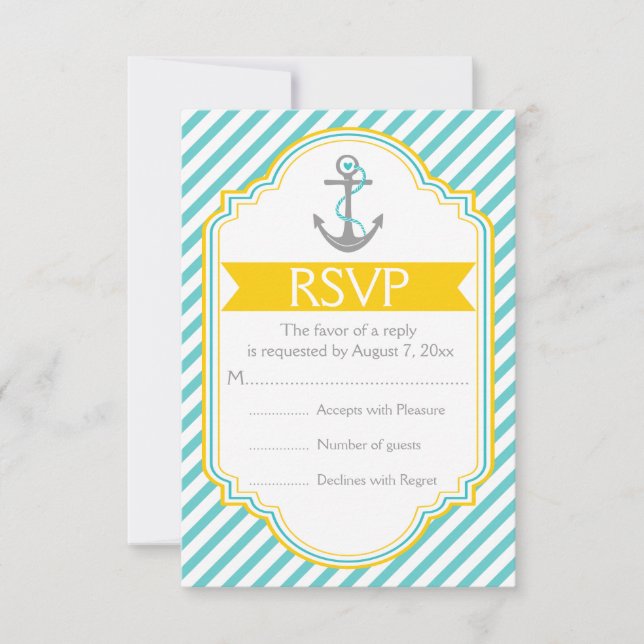 Anchor aqua, yellow nautical wedding RSVP Card (Front)