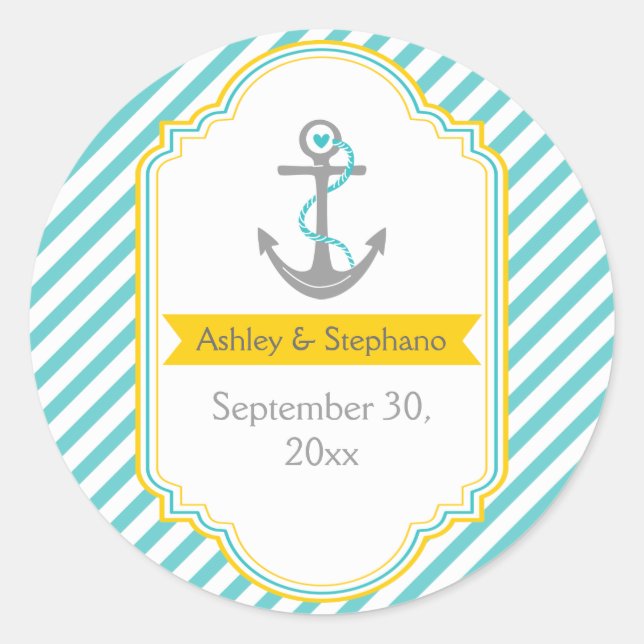 Anchor aqua, yellow nautical wedding Save the Date Classic Round Sticker (Front)
