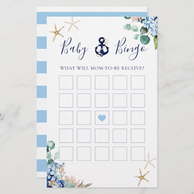 Anchor Beach Nautical Floral Baby Shower Bingo (Front/Back)