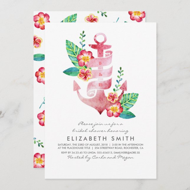 Anchor Beach Nautical Tropical Bridal Shower Invitation (Front/Back)