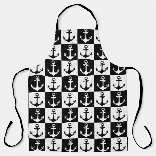 Anchor Black White Chequered Block Pattern Apron (Front)