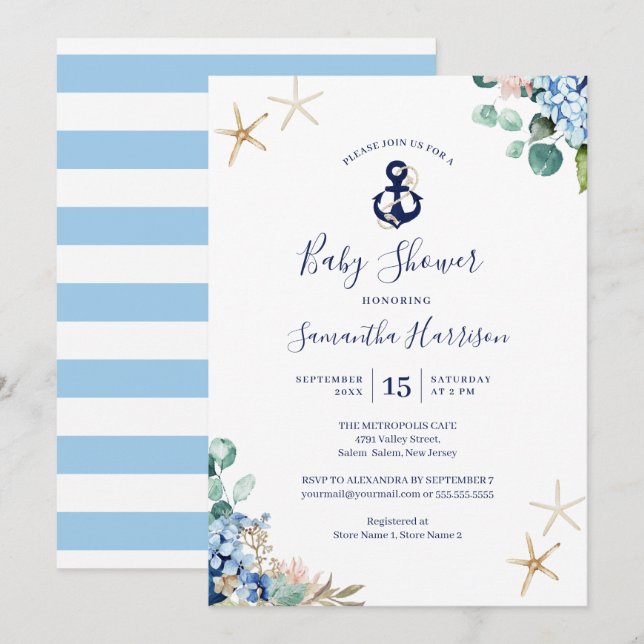 Anchor Blue Beach Nautical Floral Baby Shower Invitation (Front/Back)