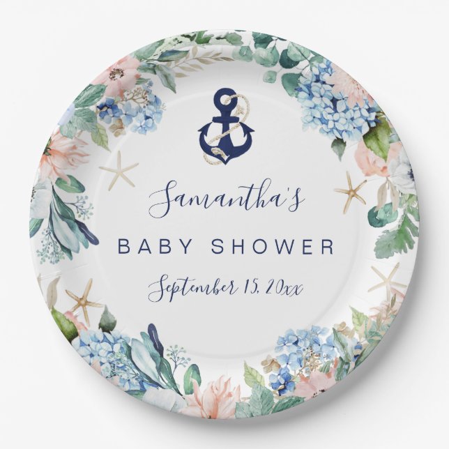 Anchor Blue Beach Nautical Floral Baby Shower Paper Plate (Front)