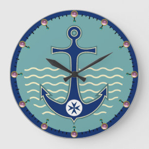 ANCHOR BLUE CORSAIR STYLE ,SEA WAVES IN NAVY BLUE LARGE CLOCK