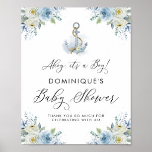 Anchor Blue Floral Nautical Baby Shower Welcome Poster