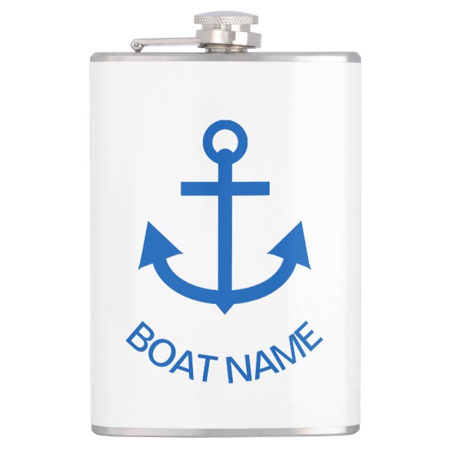 Anchor Blue Personalised Your Boat Name Hip Flask (Front)
