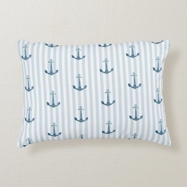 Anchor Blue Stripe Nautical Pillow (Front)