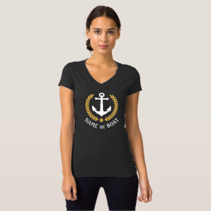 Anchor Boat Name Gold Laurel Leaves V Neck Grey T-Shirt
