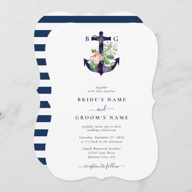 Anchor Botanical Floral Nautical Summer Wedding Invitation (Front/Back)