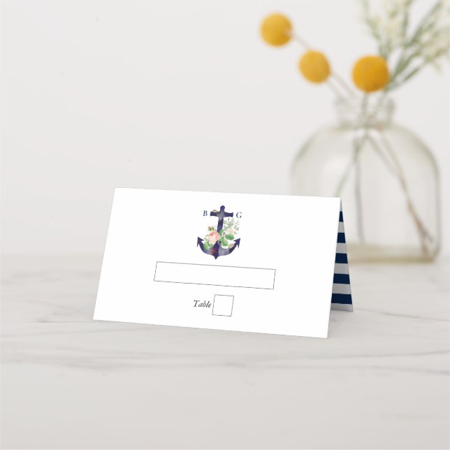 Anchor Botanical Floral Nautical Summer Wedding Place Card (Front)