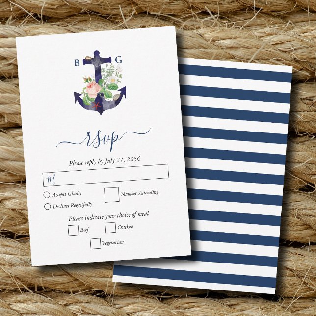 Anchor Botanical Floral Nautical Summer Wedding RSVP Card (Anchor Botanical Floral Nautical Summer Wedding RSVP Card)