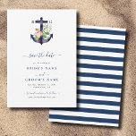 Anchor Botanical Floral Nautical Summer Wedding Save The Date<br><div class="desc">A minimalist botanical floral anchor monogram wedding design. A simple nautical design that uses a watercolor anchor decorated in floral, seashells and starfish creating a unique monogram. A charming navy blue and white stripes tropical beach design with classy script typography. An elegant coastal beach themed wedding save the date card...</div>