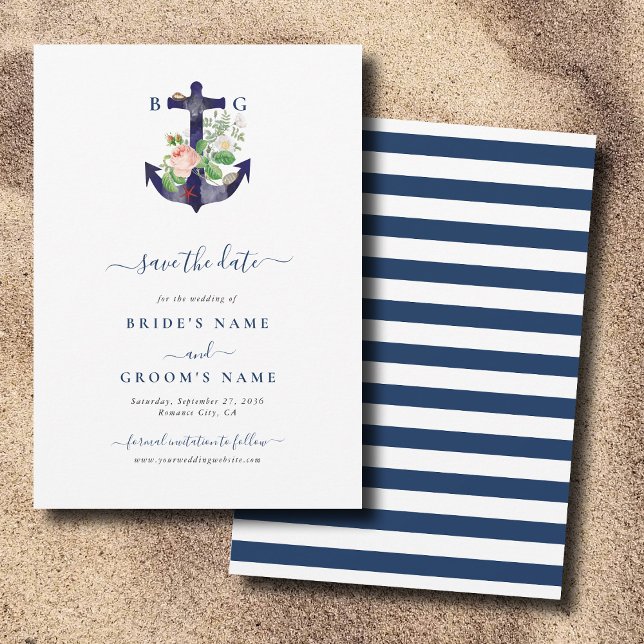 Anchor Botanical Floral Nautical Summer Wedding Save The Date (Anchor Botanical Floral Nautical Summer Wedding Save The Date)