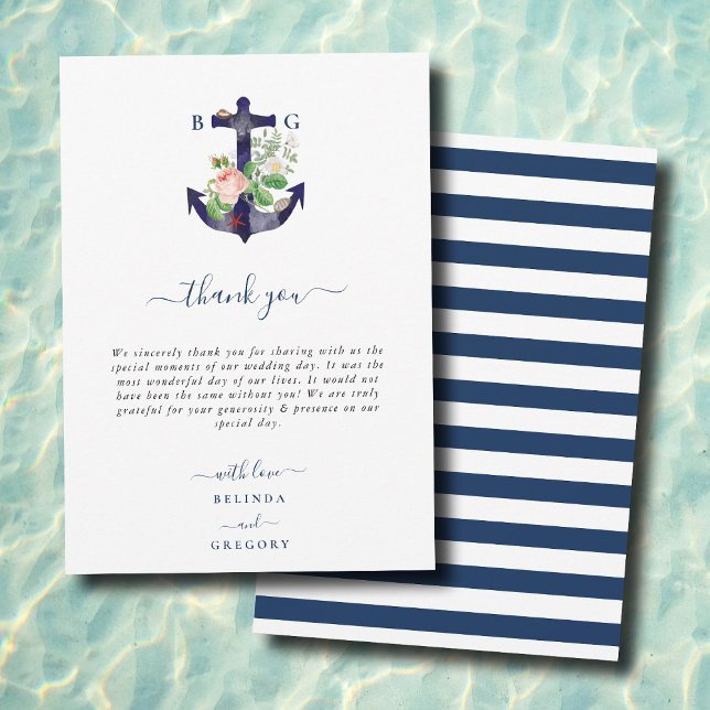 Anchor Botanical Floral Nautical Summer Wedding Thank You Card (Anchor Botanical Floral Nautical Summer Wedding Thank You Card)