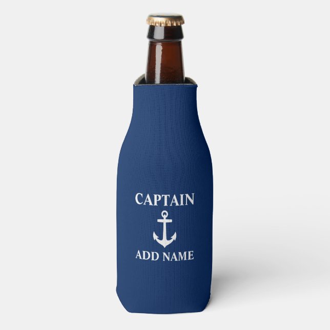 Anchor Captain Add Name or Boat Name Navy Blue Bottle Cooler (Bottle Front)