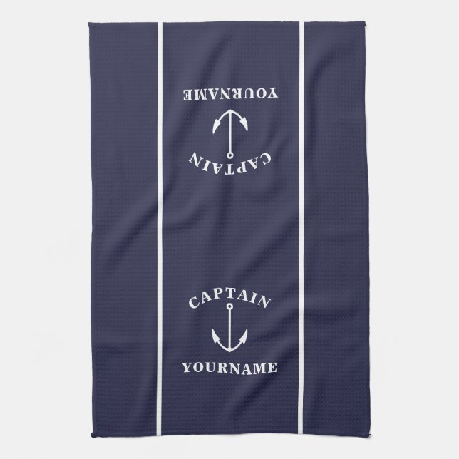 Anchor Captain Personalized Navy Kitchen Towels (Vertical)