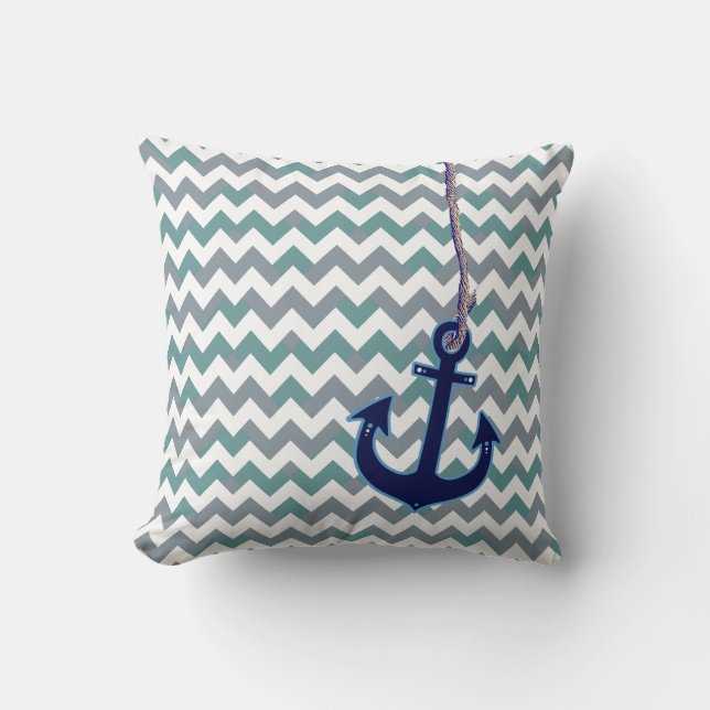 anchor & chevron nautical beach house decor cushion (Front)