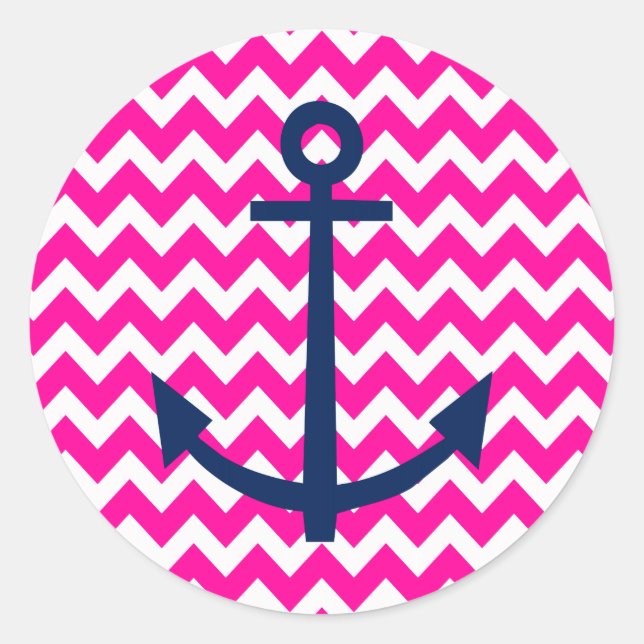 Anchor Chevron Nautical Pink and Navy Classic Round Sticker (Front)