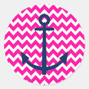 Anchor Chevron Nautical Pink and Navy Classic Round Sticker